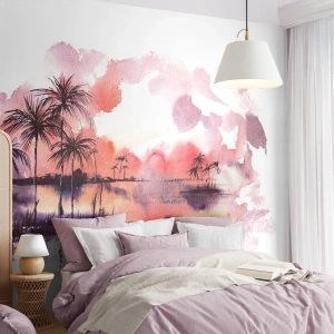 Tapet Premium Sand - Liniștea tropicelor în roșu - Peisaj, Palmier de nuca de cocos, Grafică - 100x70 cm