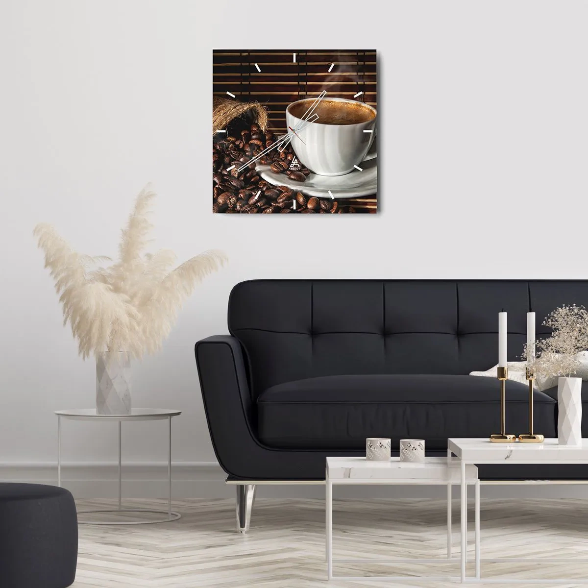 Ceas de perete - Ceas pe sticlă - Negru de cărbune, transparență de chihlimbar - 30x30 cm