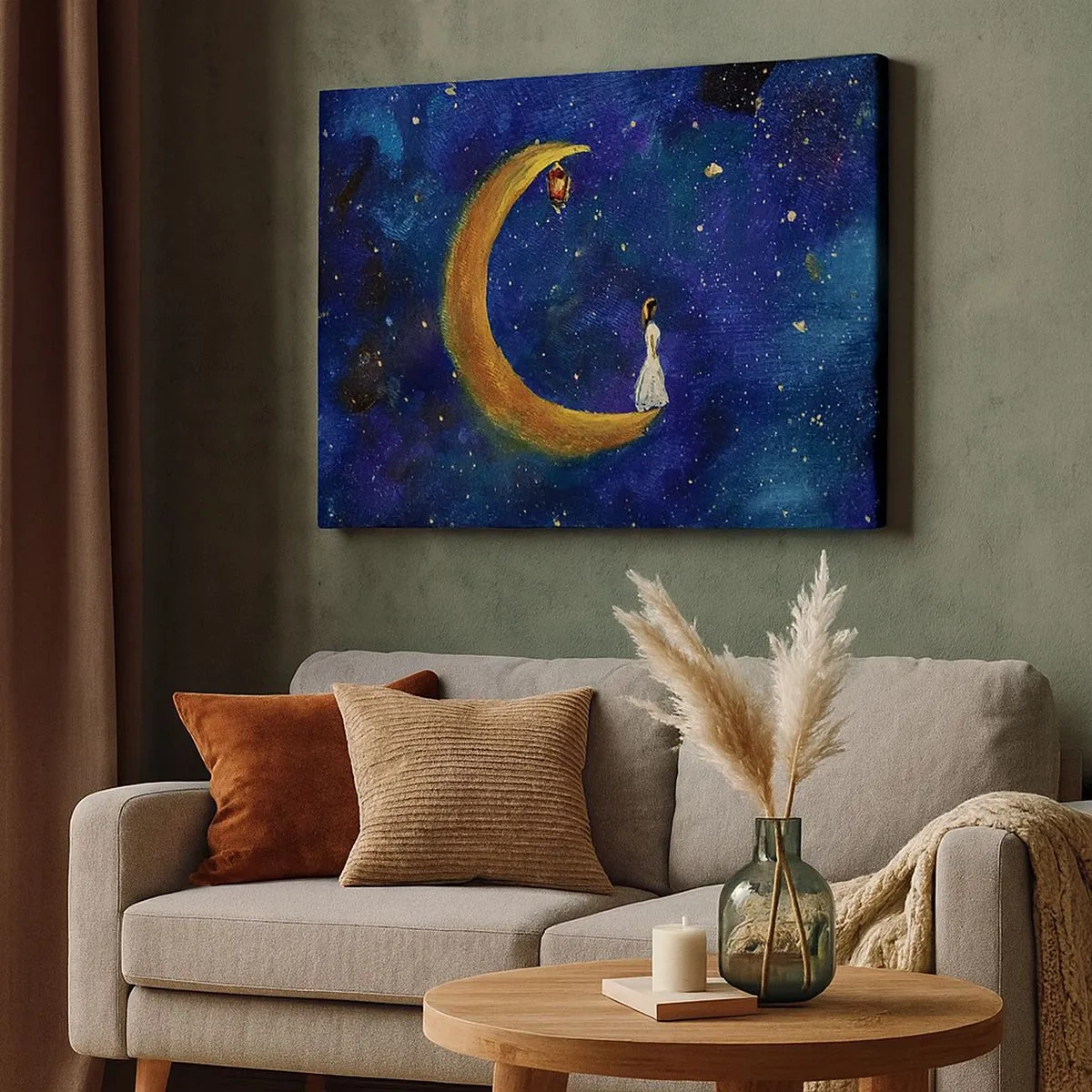 Tablou pe pânză Canvas - fată stând pe lună pe un cer înstelat - 70x50cm - Chemarea lumii - Decorațiune modernă pentru perete pentru living și dormitor ARTTOR