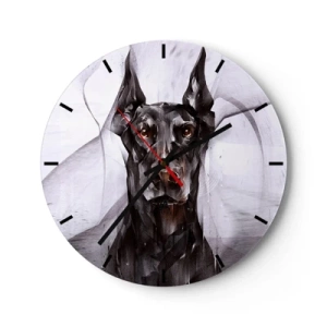 Ceas de perete - Ceas pe sticlă - Portretul unui Doberman într-un stil geometric modern - 30x30cm - Născut cu noblețe - Decorațiune modernă pentru perete pentru living, bucătărie și dormitor ARTTOR