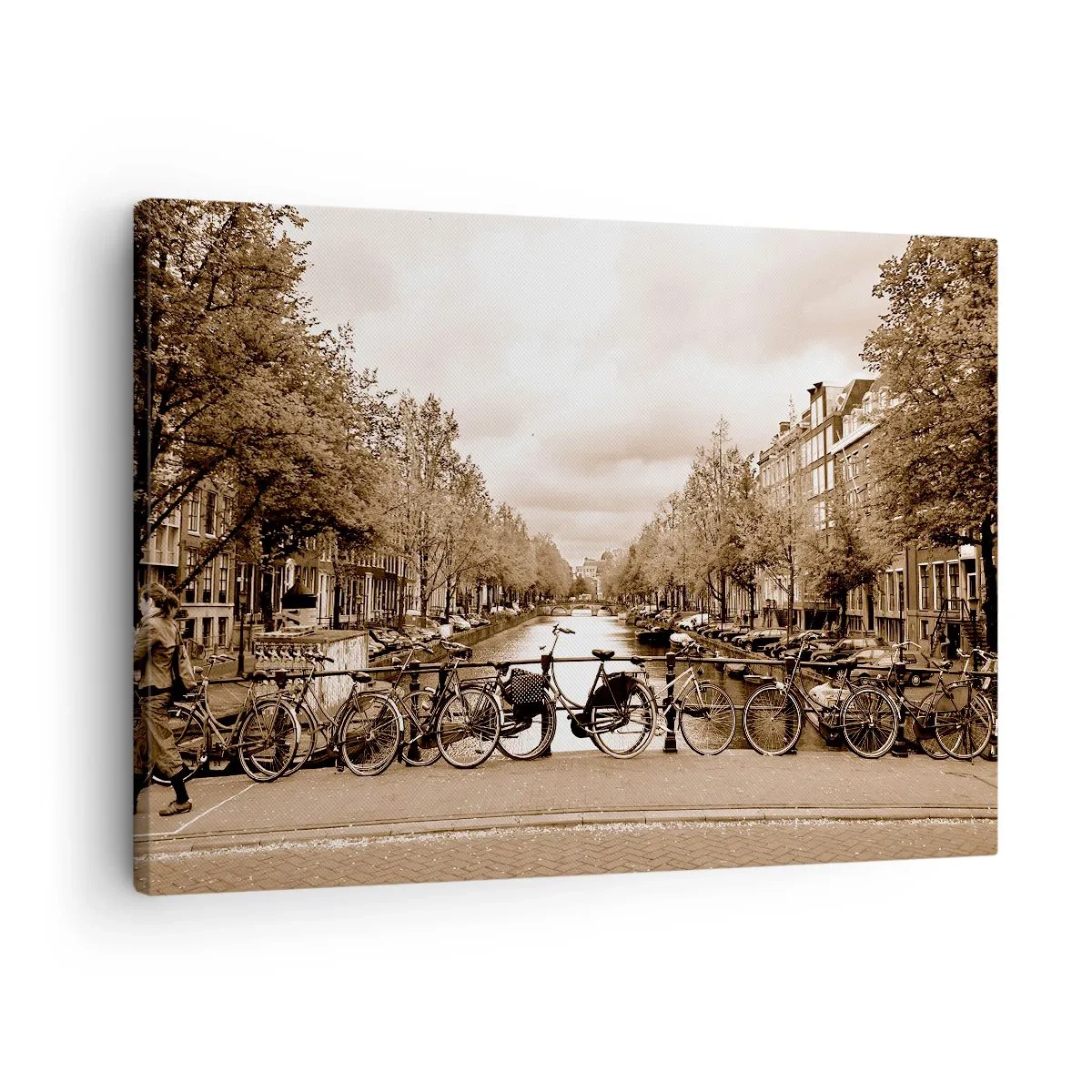 Tablou pe pânză Canvas - Pod de biciclete peste canal în sepia - 70x50cm - Atmosfera olandeză - Decorațiune modernă pentru perete pentru living și dormitor ARTTOR