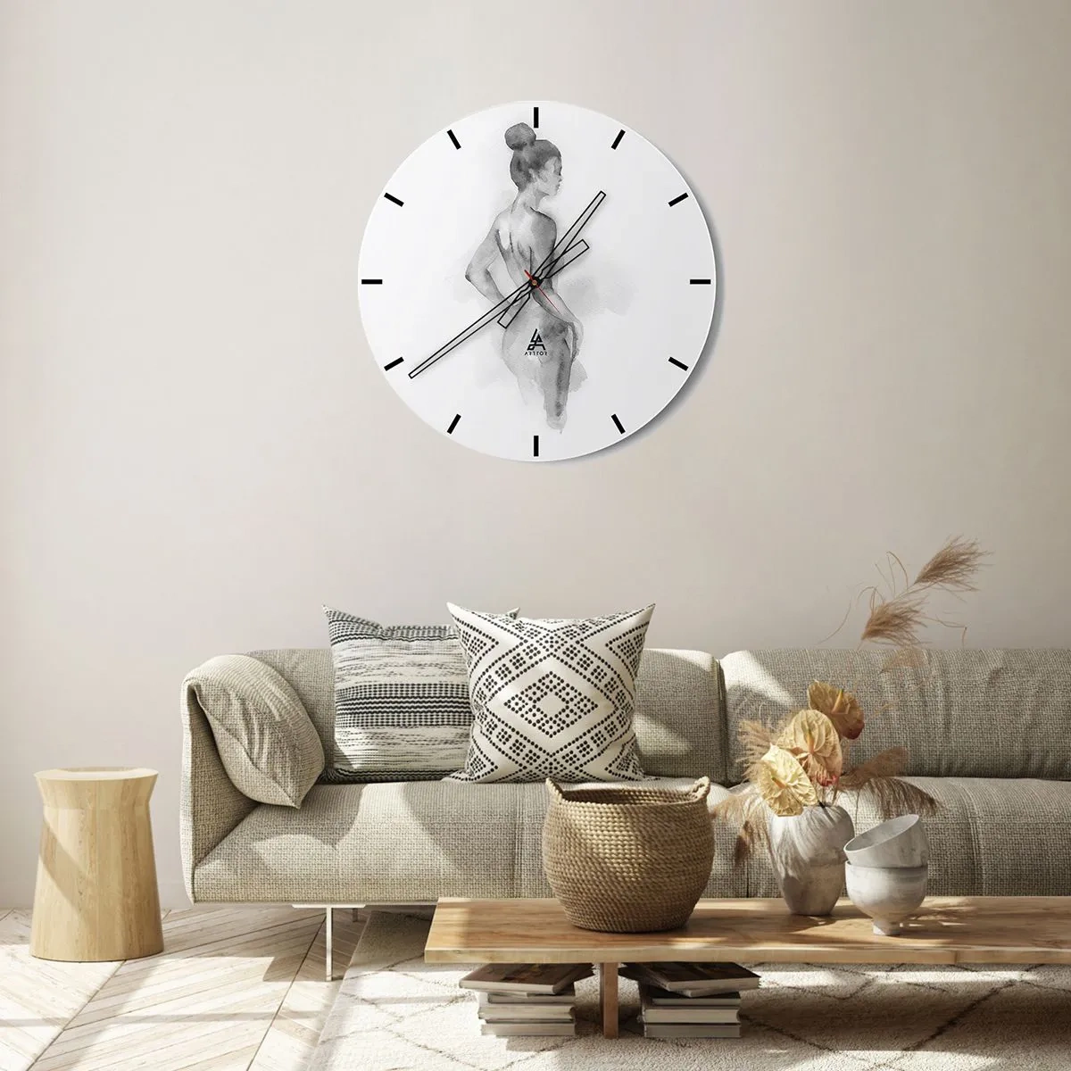 Ceas de perete - Ceas pe sticlă - O siluetă a unei femei pictată în acuarelă în nuanțe de gri. - 30x30cm - Frumoasă ca o pictură - Decorațiune modernă pentru perete pentru living, bucătărie și dormitor ARTTOR