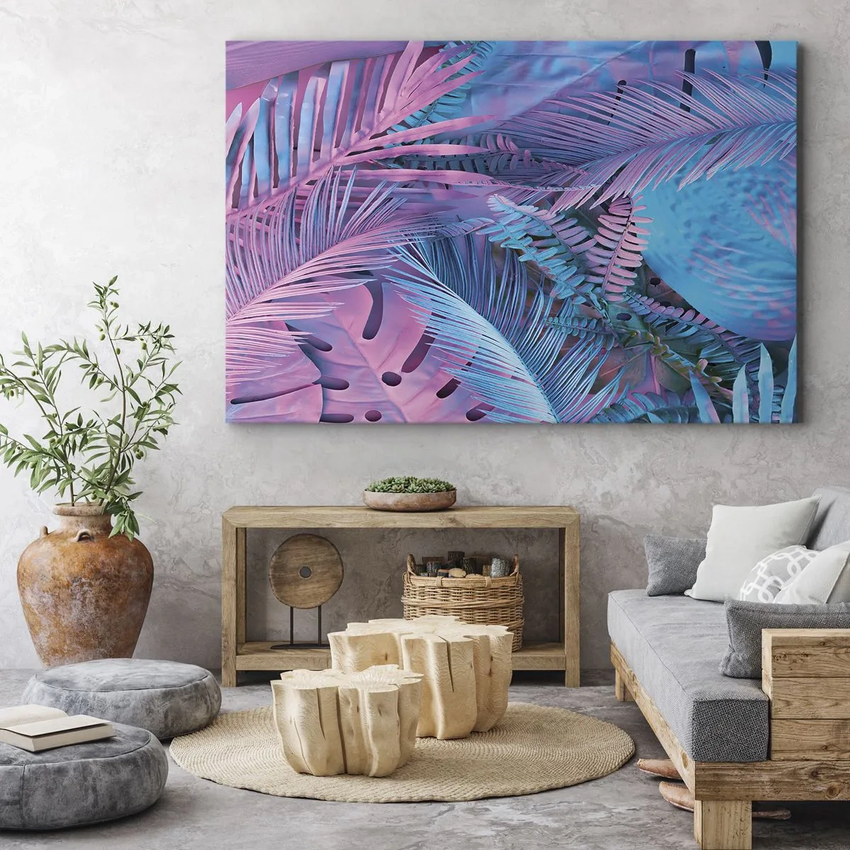 Tablou pe pânză Canvas - Frunze tropicale în nuanțe de roz și albastru - 70x50cm - Palmieri în alb și albastru - Decorațiune modernă pentru perete pentru living și dormitor ARTTOR