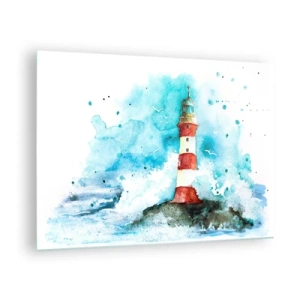 Tablou pe sticlă - Un far înconjurat de valuri ale mării, în stil acuarelă - 70x50cm - Unitatea forțelor naturii - Decorațiune modernă pentru perete pentru living și dormitor ARTTOR