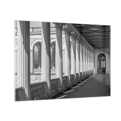 Tablou pe sticlă - O colonadă alb-negru cu un joc ritmic de lumini și umbre - 70x50cm - Arcadă însorită - Decorațiune modernă pentru perete pentru living și dormitor ARTTOR