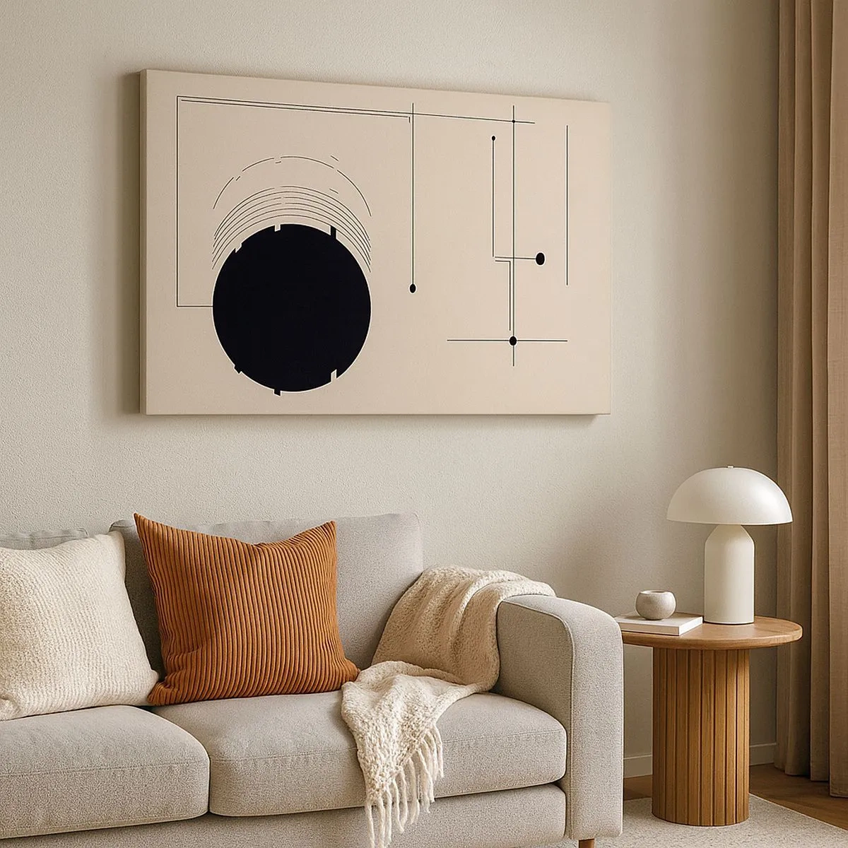 Tablou pe pânză Canvas - Linii geometrice negre și un cerc pe un fundal bej - 70x50cm - Compoziție flexibilă și dinamică - Decorațiune modernă pentru perete pentru living și dormitor ARTTOR