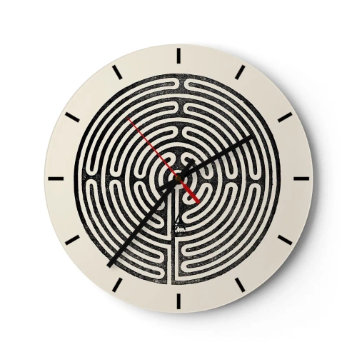 Ceas de perete - Ceas pe sticlă - Un labirint alb-negru cu un design geometric pe un fundal deschis - 30x30cm - Ordine secretă - Decorațiune modernă pentru perete pentru living, bucătărie și dormitor ARTTOR
