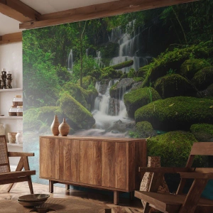 Tapet Premium Sand - Turcoaz, safir și argint lichid - Peisaj, Cascadă, pârâu de munte - 100x70 cm