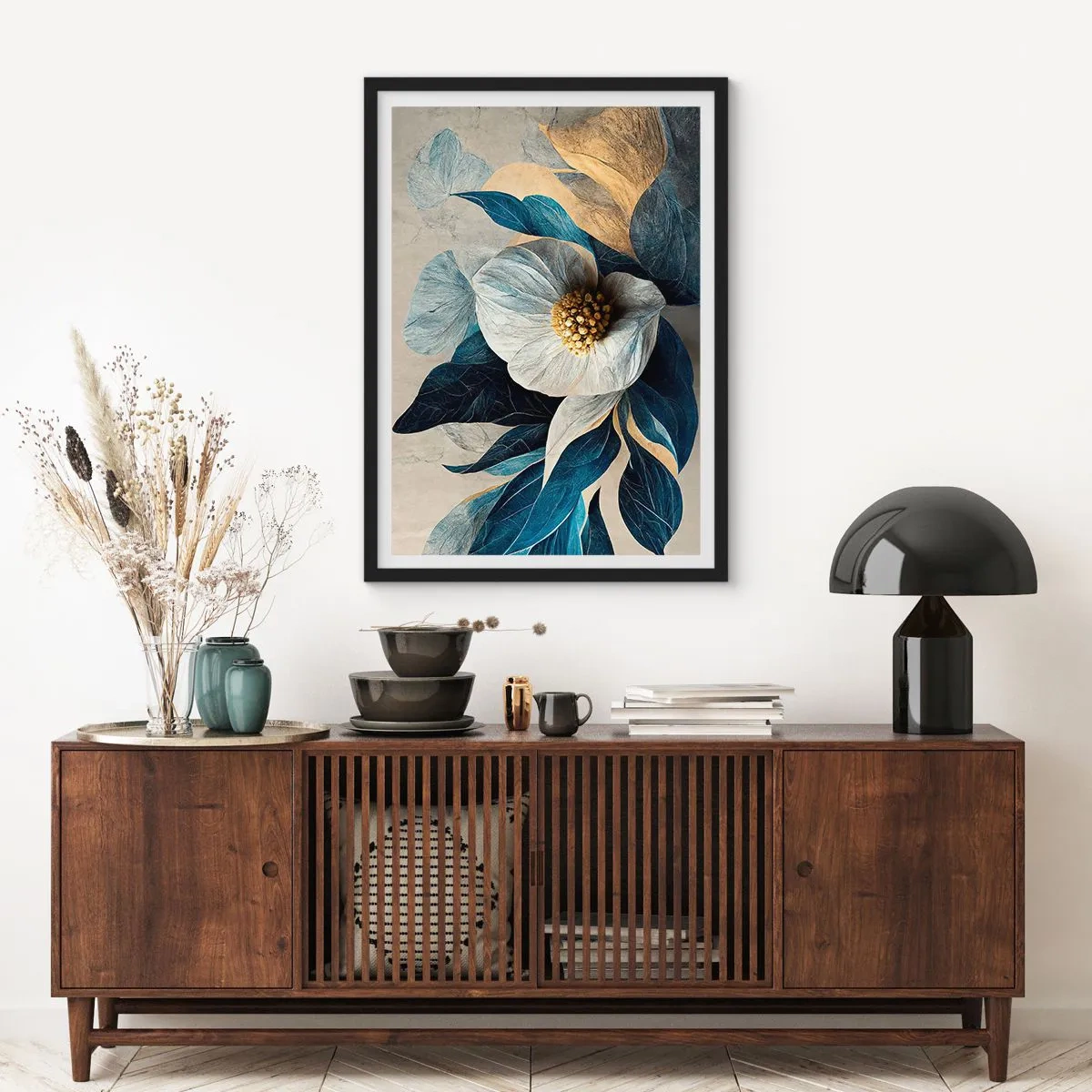 Poster în ramă neagră - floare elegantă în nuanțe de bleumarin și auriu - 50x70cm - Are o inimă de aur - Decorațiune modernă pentru perete pentru living și dormitor ARTTOR