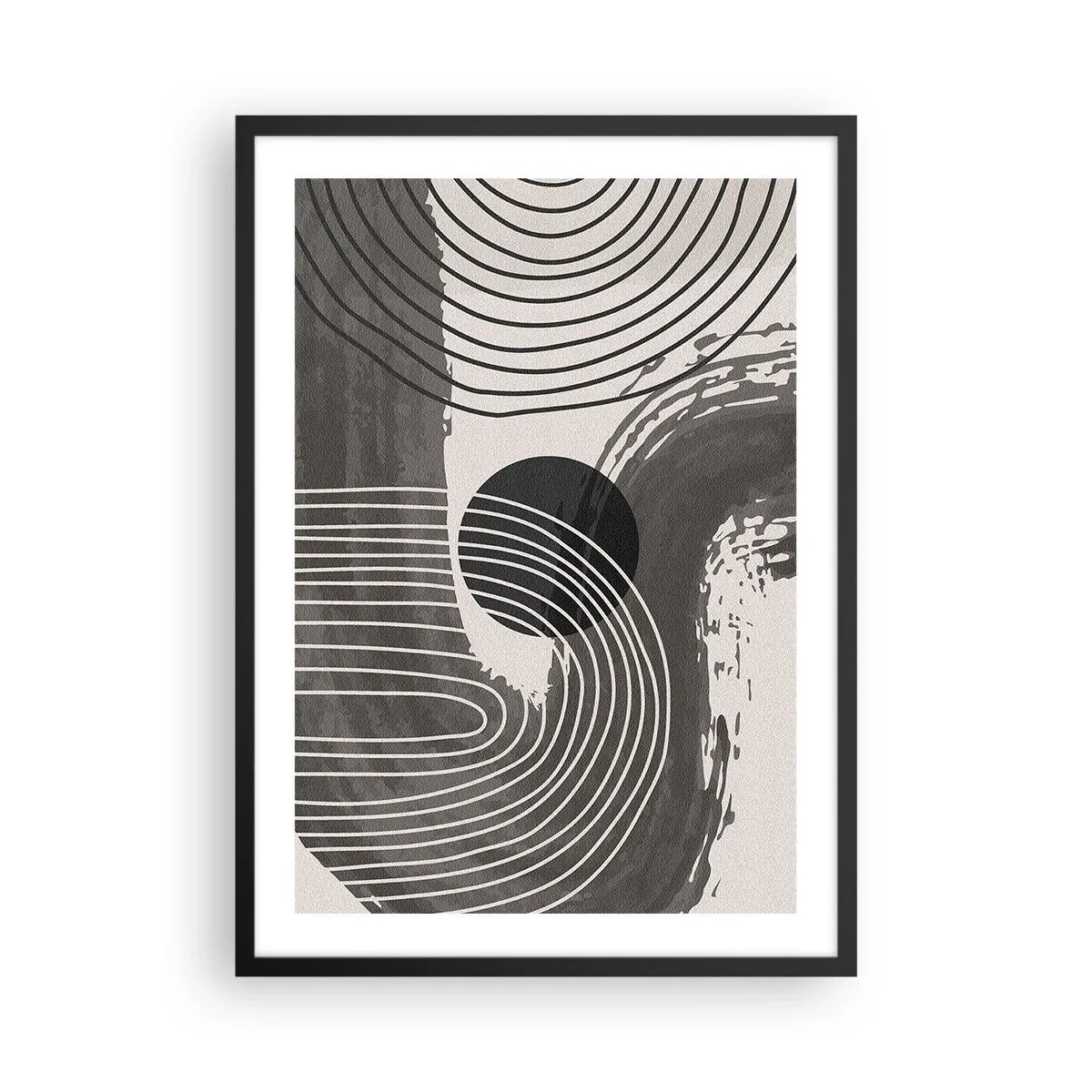 Poster în ramă neagră - Abstracție geometrică în nuanțe de gri și negru - 50x70cm - Ovalul câștigă - Decorațiune modernă pentru perete pentru living și dormitor ARTTOR