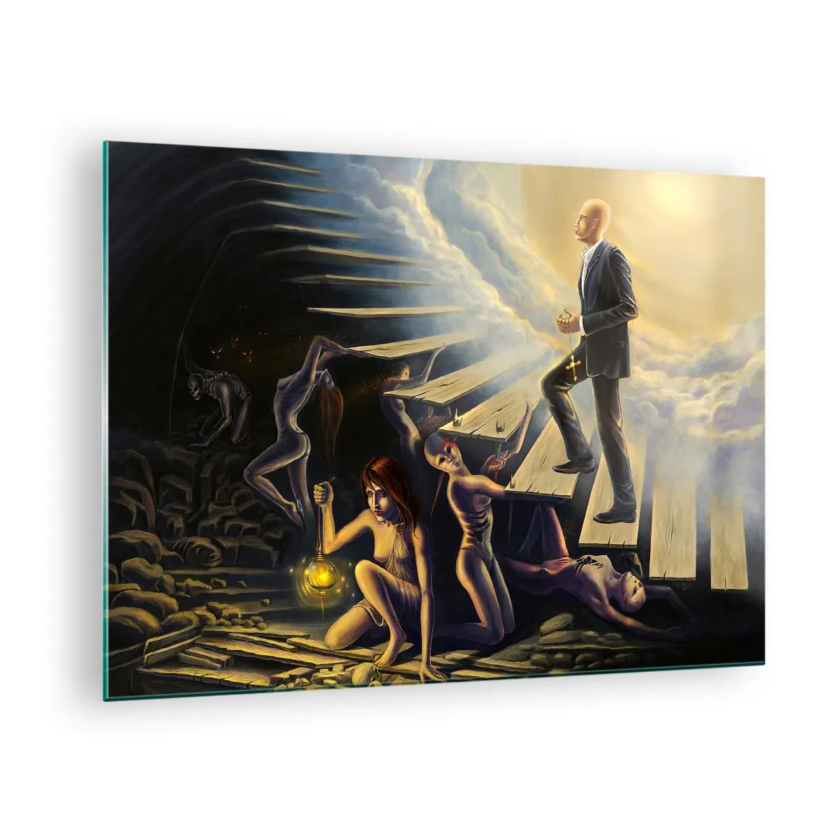 Tablou pe sticlă - Scări simbolice spre lumină cu figuri suprarealiste - 70x50cm - O călătorie dantescă spre lumină - Decorațiune modernă pentru perete pentru living și dormitor ARTTOR