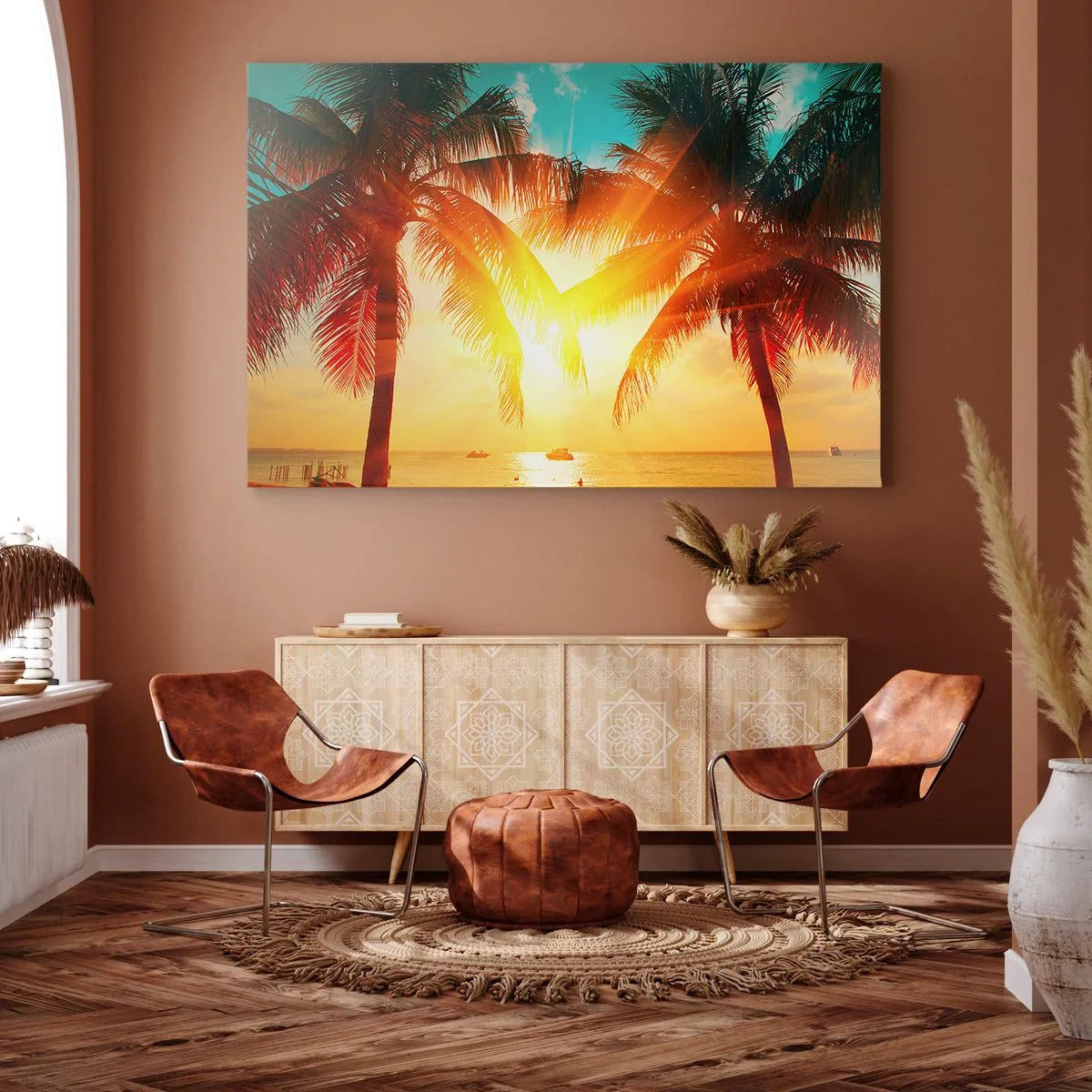 Tablou pe pânză Canvas - Palmieri iluminați de lumina caldă a soarelui apus - 70x50cm - Cuplu exotic - Decorațiune modernă pentru perete pentru living și dormitor ARTTOR