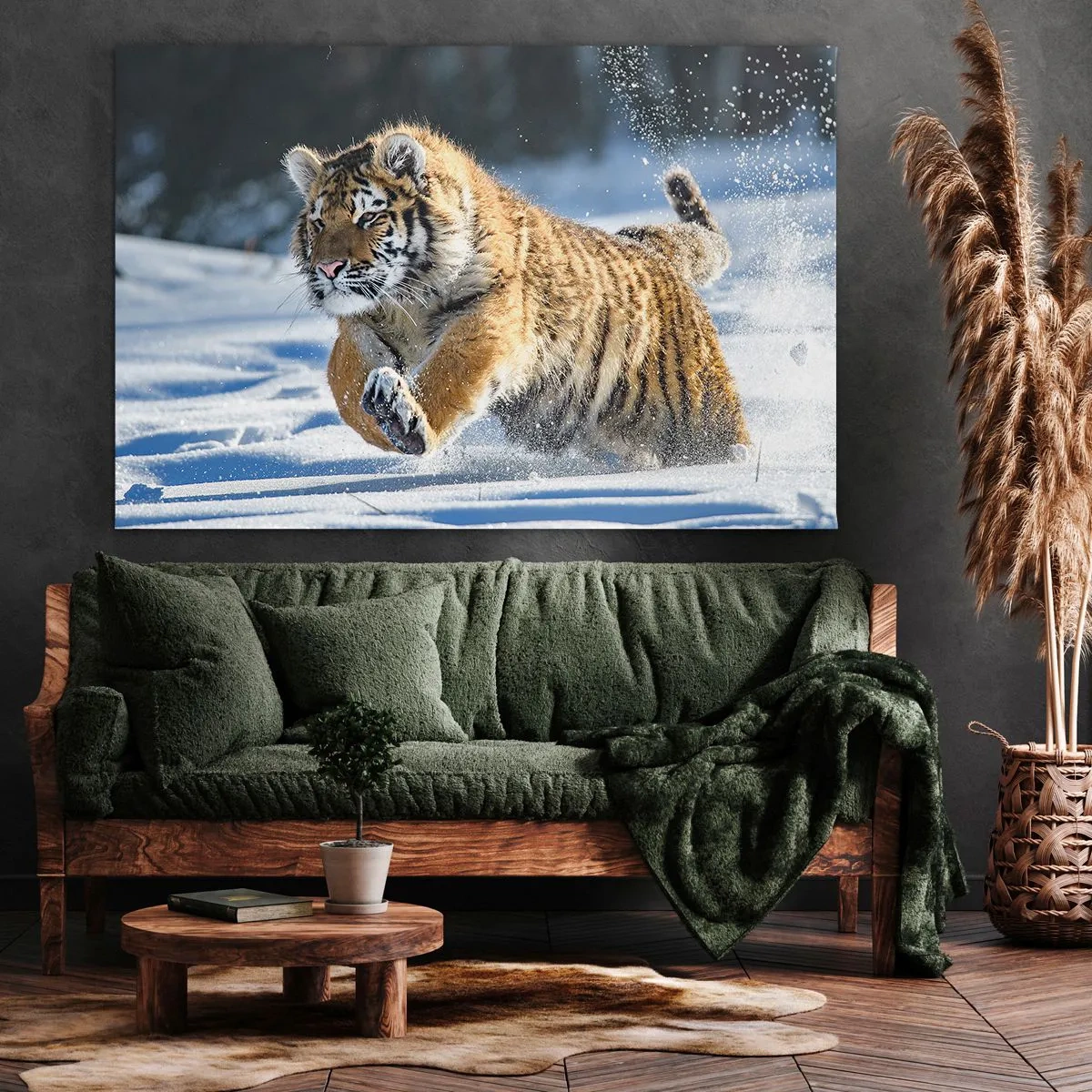 Tablou pe pânză Canvas - Un tigru siberian alergând într-un peisaj înzăpezit - 70x50cm - Zeu al taigalei siberiene - Decorațiune modernă pentru perete pentru living și dormitor ARTTOR