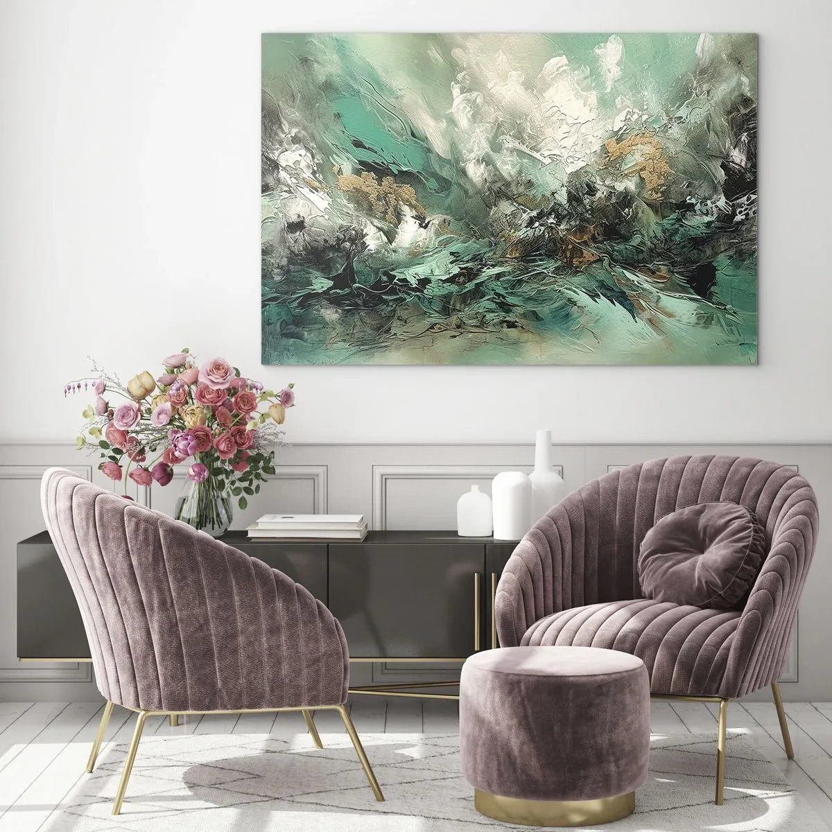 Tablou pe sticlă - O compoziție abstractă în nuanțe de smarald, alb și negru. - 70x50cm - Fierbere negru-smarald - Decorațiune modernă pentru perete pentru living și dormitor ARTTOR