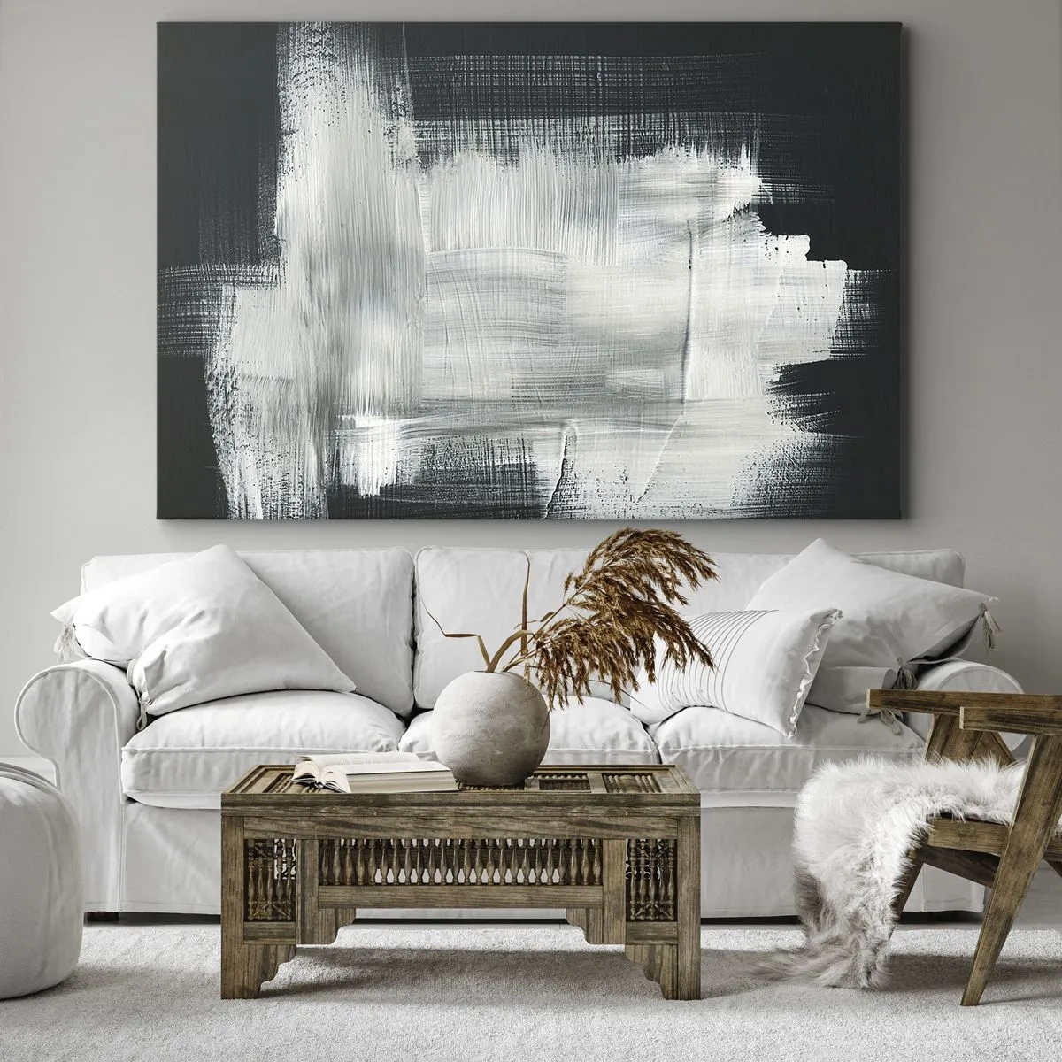 Tablou pe pânză Canvas - Linii abstracte albe pe un fundal întunecat - 70x50cm - Țesut vertical și orizontal - Decorațiune modernă pentru perete pentru living și dormitor ARTTOR