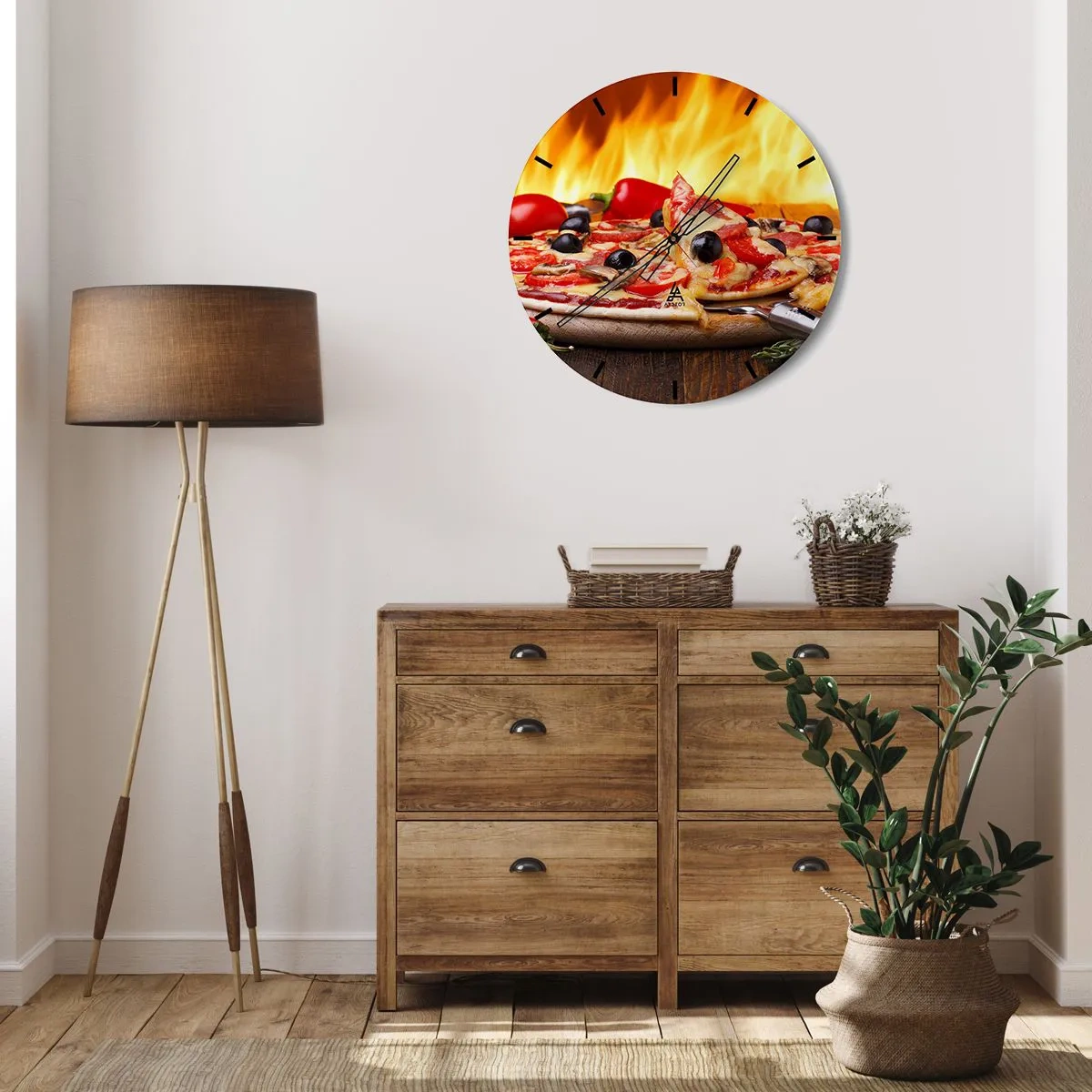 Ceas de perete - Ceas pe sticlă - Pizza cu măsline și roșii la foc - 30x30cm - From Italy with love - Decorațiune modernă pentru perete pentru living, bucătărie și dormitor ARTTOR
