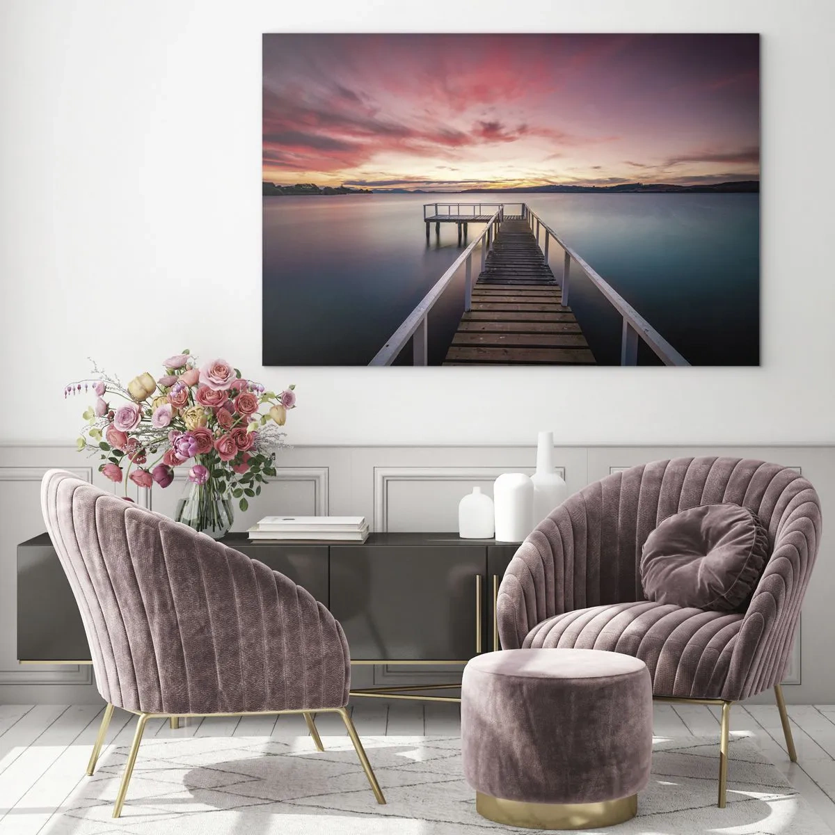 Tablou pe sticlă - Dig pe malul lacului la apus cu un cer roz - 70x50cm - Flacăra blândă a serii - Decorațiune modernă pentru perete pentru living și dormitor ARTTOR