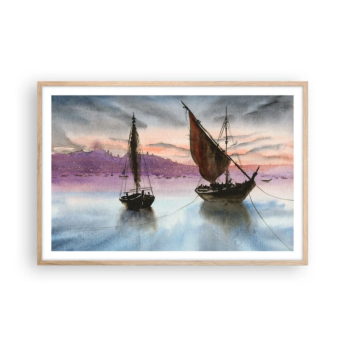Poster în ramă de stejar deschis - O seară în port - 91x61 cm