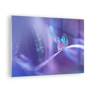 Tablou pe sticlă - Fluture pe un fundal de lumină violetă - 70x50cm - O bijuterie a naturii - Decorațiune modernă pentru perete pentru living și dormitor ARTTOR