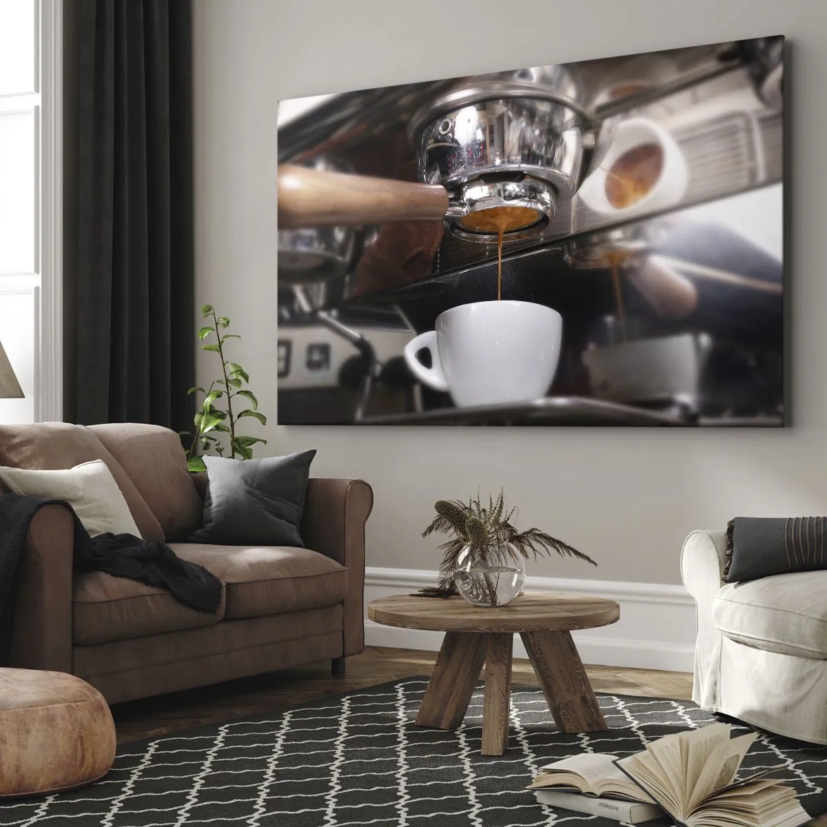 Tablou pe pânză Canvas - Prim-plan al unui aparat de cafea care pregătește un espresso proaspăt - 70x50cm - Cel mai bun moment al zilei - Decorațiune modernă pentru perete pentru living și dormitor ARTTOR