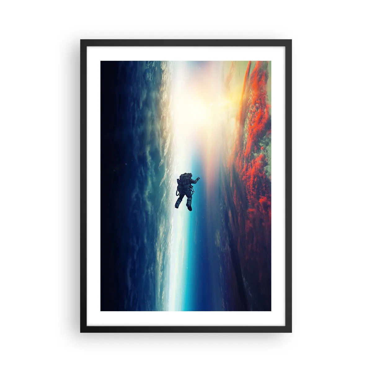 Poster în ramă neagră - Astronautul în spațiu cu Pământul și soarele în fundal - 50x70cm - Provocând universul - Decorațiune modernă pentru perete pentru living și dormitor ARTTOR