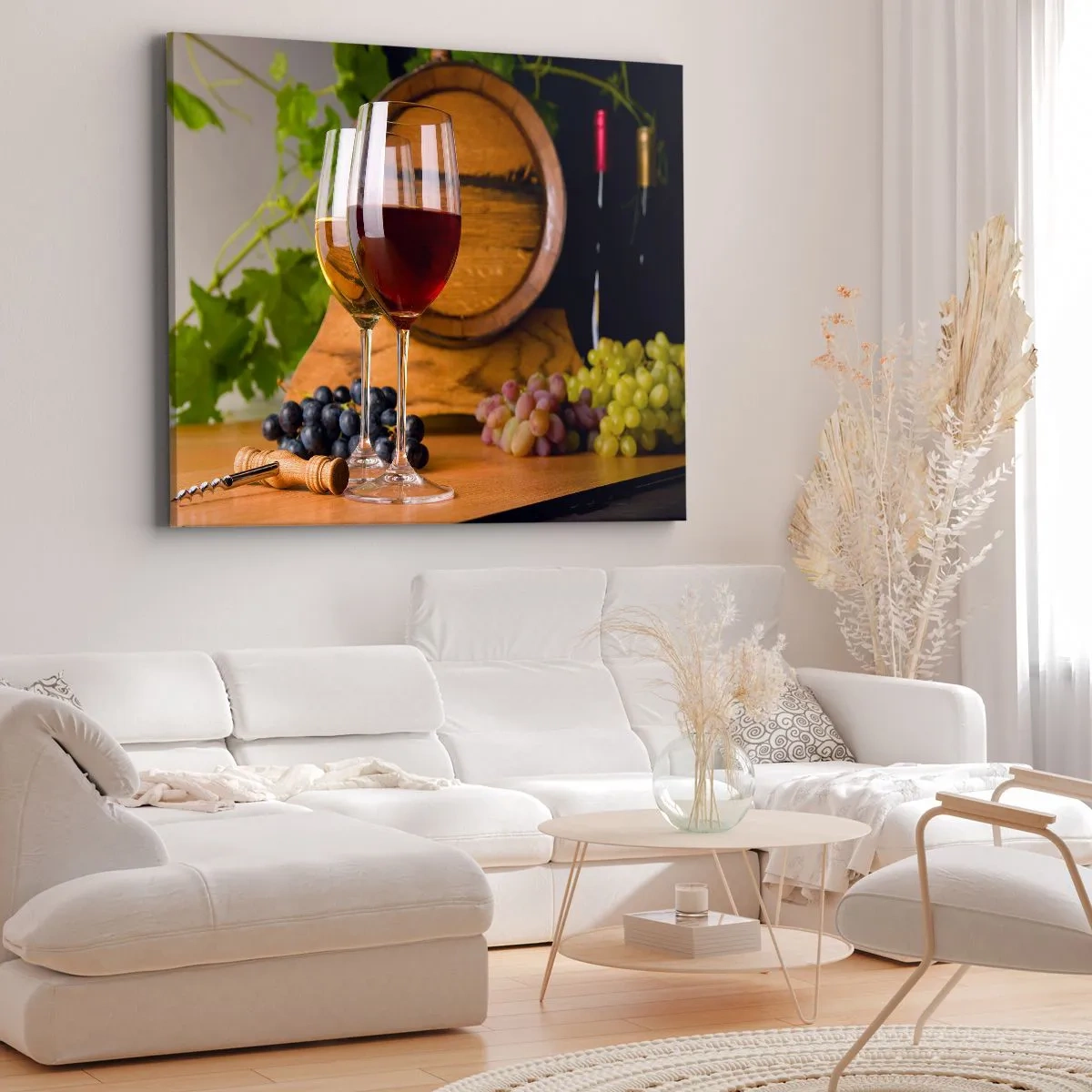 Tablou pe pânză Canvas - Pahare de vin cu struguri, un butoi și sticle pe o masă de lemn - 70x50cm - Ca la vechii maeștri - Decorațiune modernă pentru perete pentru living și dormitor ARTTOR