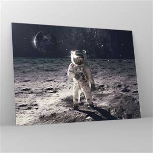 Tablou pe sticlă - Astronautul pe suprafața Lunii cu Pământul în fundal - 70x50cm - Salutări de pe Lună - Decorațiune modernă pentru perete pentru living și dormitor ARTTOR