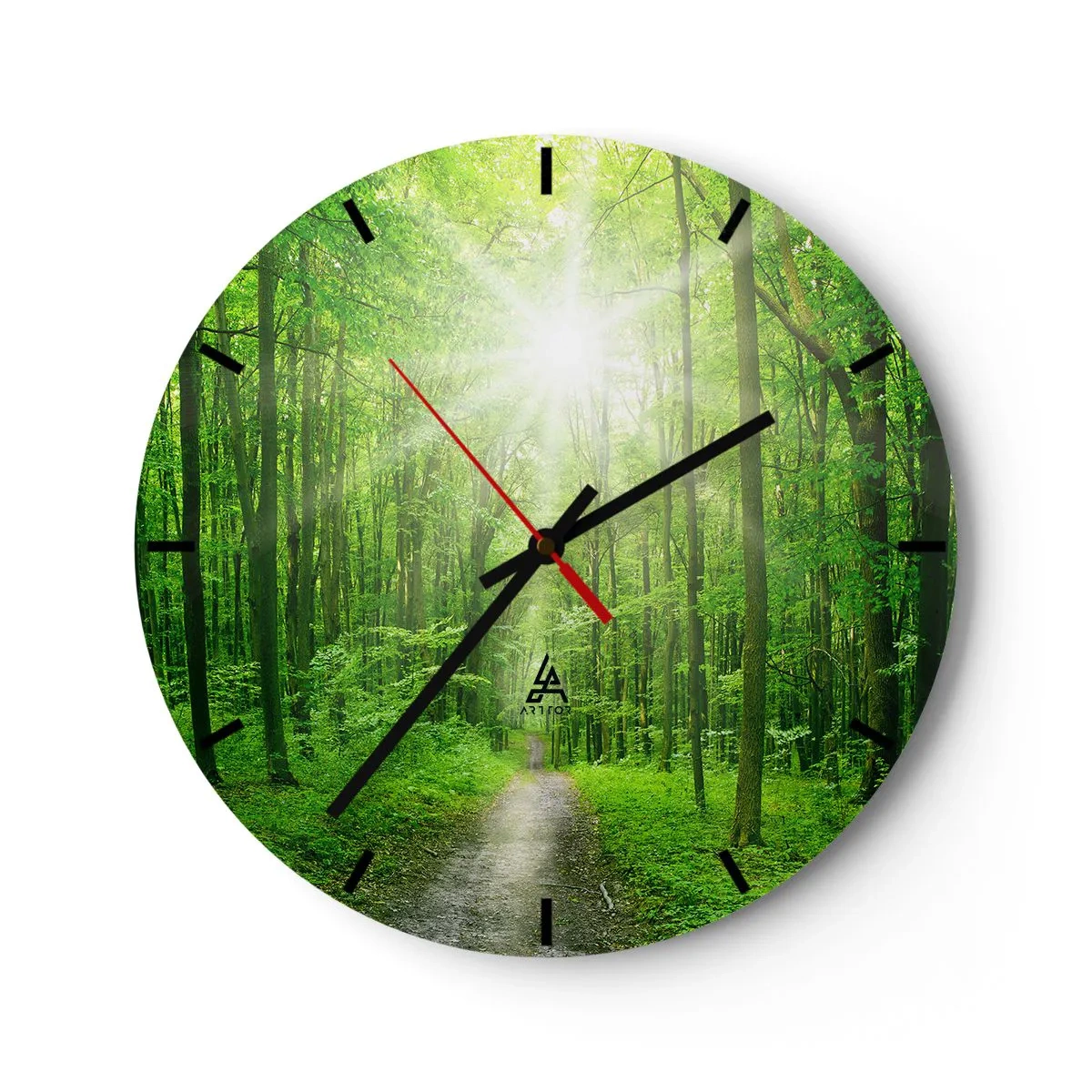 Ceas de perete - Ceas pe sticlă - O cărare de pădure luminată de razele soarelui - 30x30cm - Catedrala verde - Decorațiune modernă pentru perete pentru living, bucătărie și dormitor ARTTOR