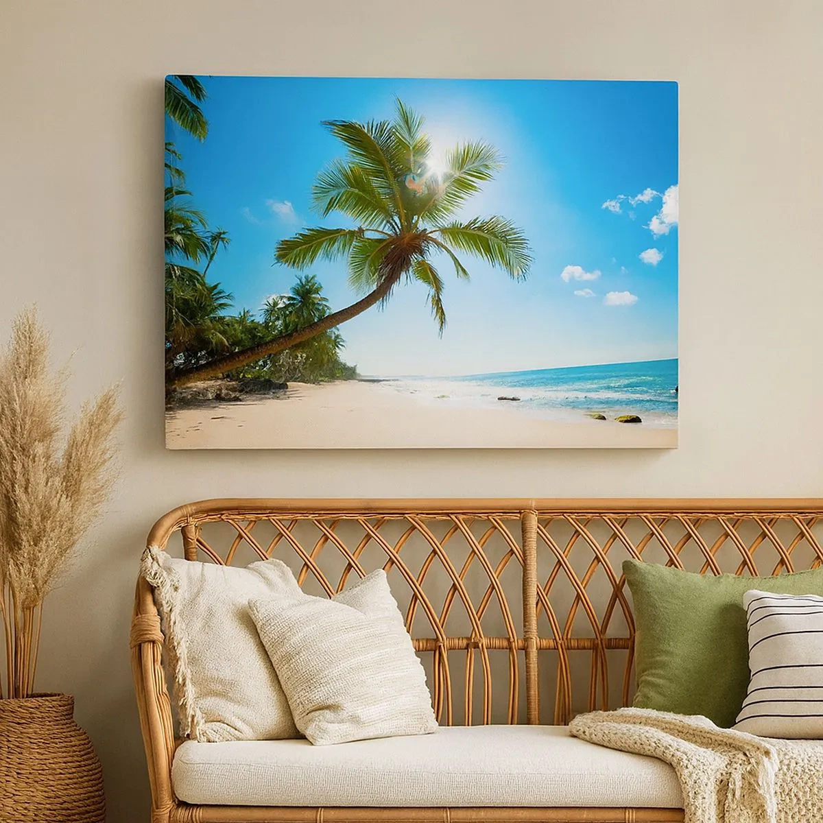 Tablou pe pânză Canvas - O plajă cu palmieri într-un peisaj tropical - 70x50cm - Nu arăta nimănui - Decorațiune modernă pentru perete pentru living și dormitor ARTTOR