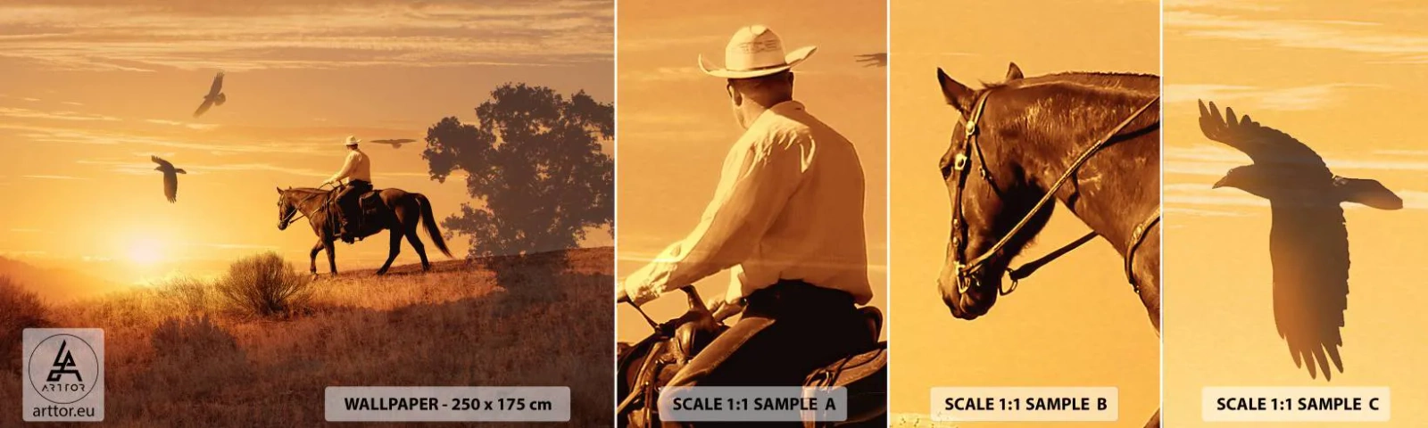 Mostră tapet autocolant Deluxe Sticker - Singur peste prerie - Cal, Cowboy, Peisaj - 100x30 cm