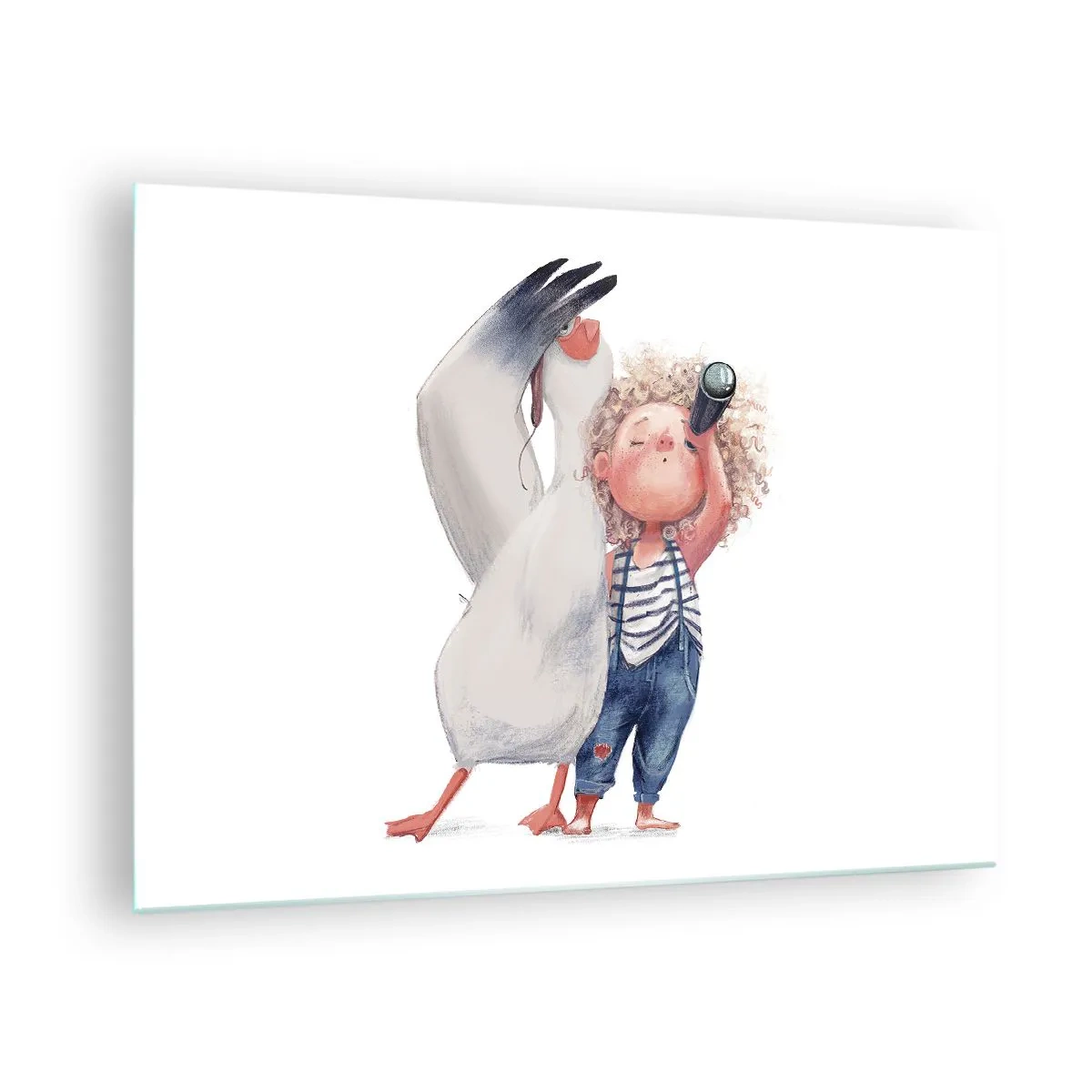 Tablou pe sticlă - Bebeluș cu binoclu și barză într-un stil ilustrativ amuzant - 70x50cm - Un plan pentru o călătorie minunată - Decorațiune modernă pentru perete pentru living și dormitor ARTTOR