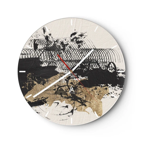 Ceas de perete - Ceas pe sticlă - Compoziție abstractă de negru, auriu și alb - 30x30cm - Compoziție cu pasiune - Decorațiune modernă pentru perete pentru living, bucătărie și dormitor ARTTOR