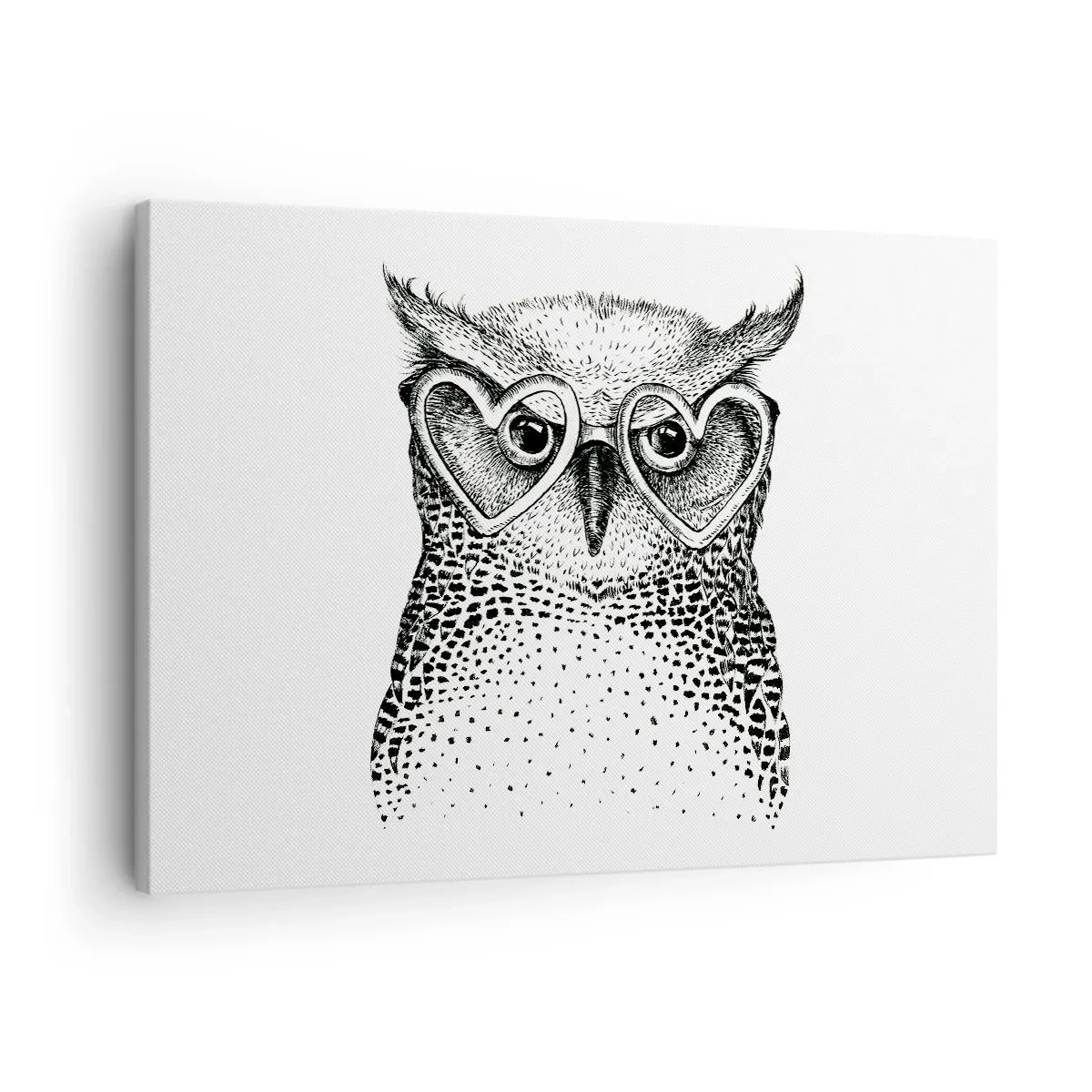 Tablou pe pânză Canvas - Grafică elegantă a unei bufnițe purtând ochelari în formă de inimă - 70x50cm - Cu înțelepciune și dragoste - Decorațiune modernă pentru perete pentru living și dormitor ARTTOR