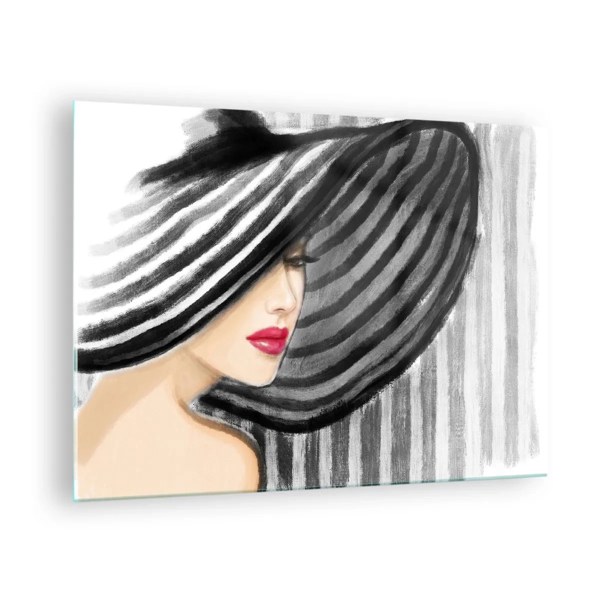Tablou pe sticlă - Femeie elegantă într-o pălărie cu dungi albe și negre - 70x50cm - Unde te pot găsi? - Decorațiune modernă pentru perete pentru living și dormitor ARTTOR