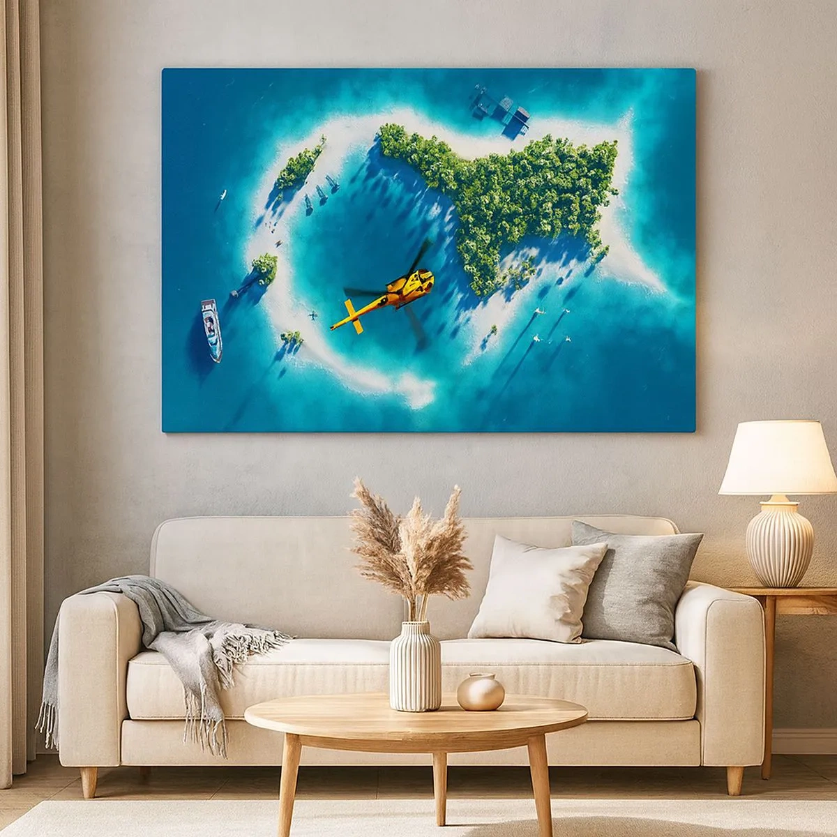 Tablou pe pânză Canvas - O insulă tropicală înconjurată de ape turcoaz, cu un elicopter la vedere - 70x50cm - Cumpără-ți o insulă - Decorațiune modernă pentru perete pentru living și dormitor ARTTOR