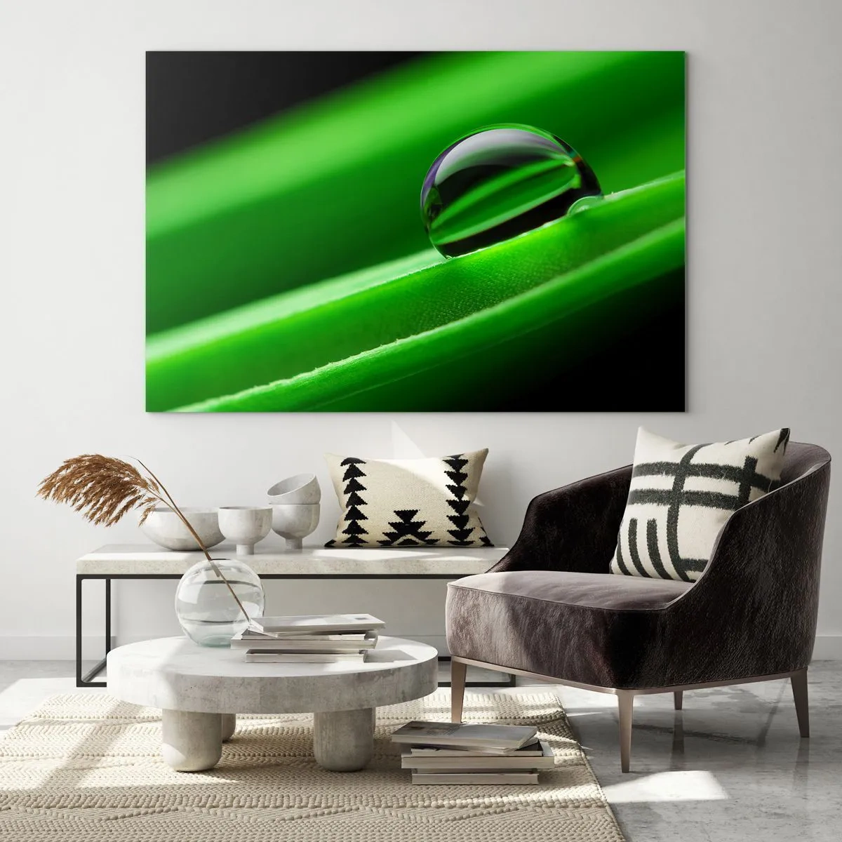 Tablou pe sticlă - O picătură de rouă pe o frunză verde - 70x50cm - Viața de aproape - Decorațiune modernă pentru perete pentru living și dormitor ARTTOR