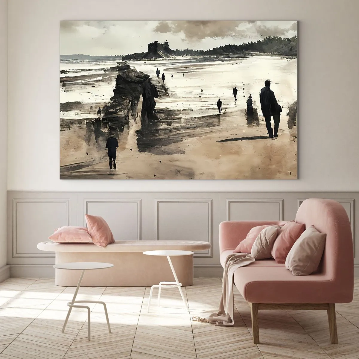 Tablou pe sticlă - Siluete mergând pe o plajă largă sub un cer înnorat - 70x50cm - Reamintiți - Decorațiune modernă pentru perete pentru living și dormitor ARTTOR
