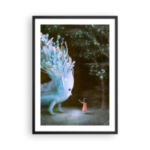 Poster în ramă neagră - O fată din pădure întâlnește o creatură magică într-un mediu luminos. - 50x70cm - Întâlnire fantastică - Decorațiune modernă pentru perete pentru living și dormitor ARTTOR