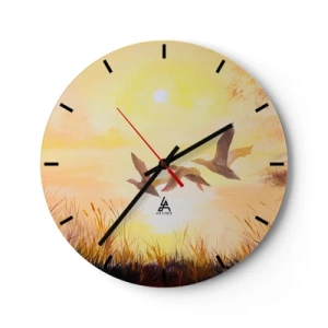 Ceas de perete - Ceas pe sticlă - Rațe zburătoare pe fundalul soarelui apus și al ierbii - 30x30cm - Începutul unei lungi călătorii - Decorațiune modernă pentru perete pentru living, bucătărie și dormitor ARTTOR
