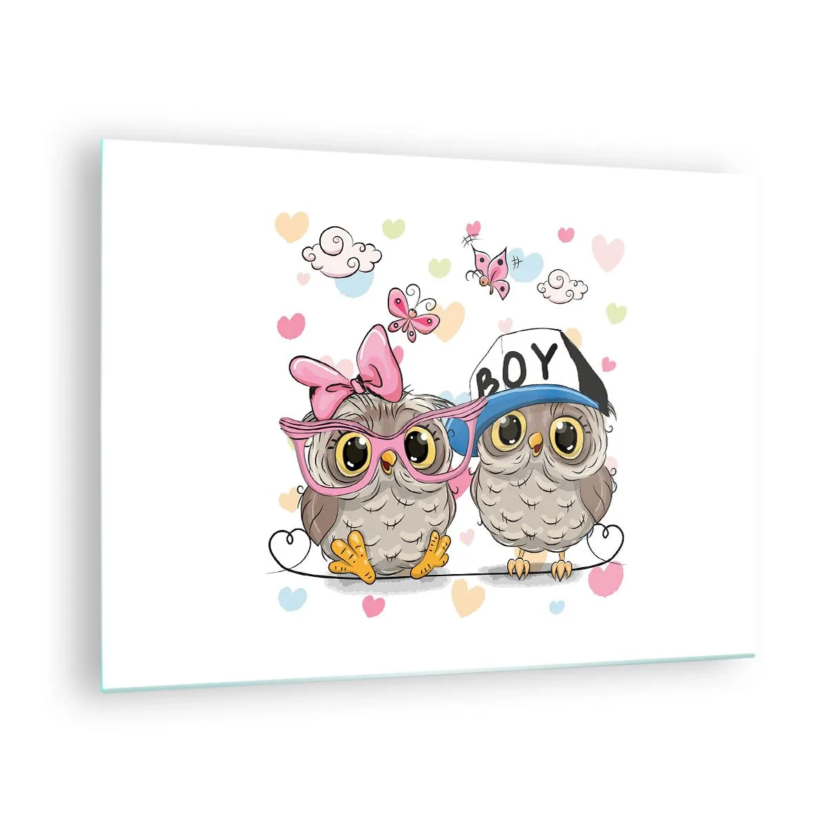 Tablou pe sticlă - O pereche de bufnițe vesele într-o compoziție pastelată - 70x50cm - Să ne iubim! - Decorațiune modernă pentru perete pentru living și dormitor ARTTOR