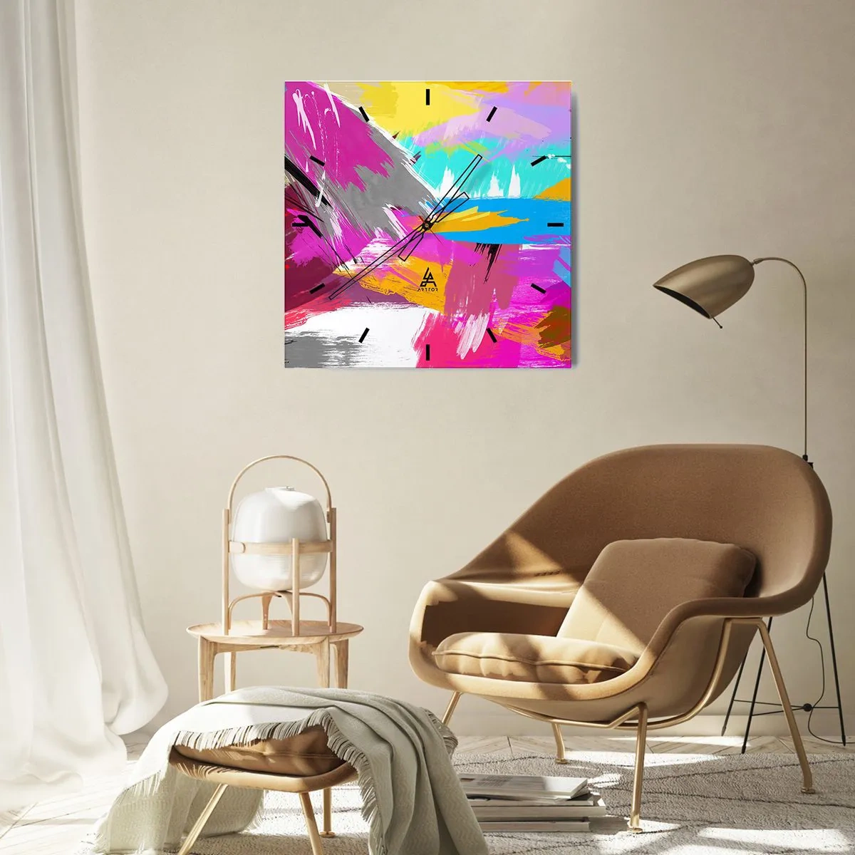 Ceas de perete - Ceas pe sticlă - Mâzgălituri cu pensula - 30x30 cm