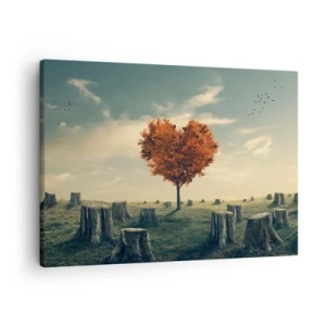 Tablou pe pânză Canvas - Un copac în formă de inimă într-un câmp de cioturi, simbol al speranței - 70x50cm - Încă mai există speranță - Decorațiune modernă pentru perete pentru living și dormitor ARTTOR