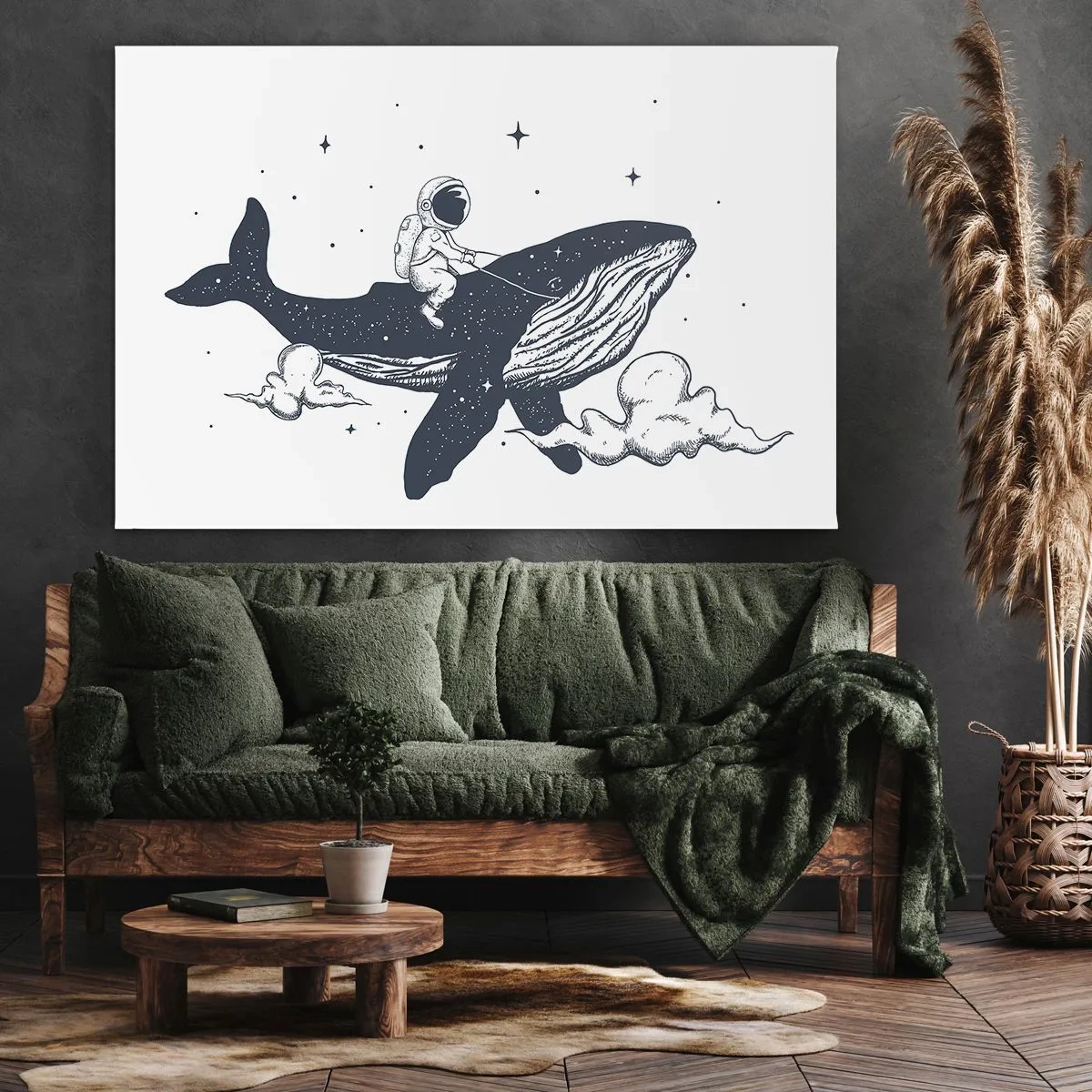 Tablou pe pânză Canvas - Astronautul pe o balenă plutind în spațiu - 70x50cm - Aventura spațială - Decorațiune modernă pentru perete pentru living și dormitor ARTTOR