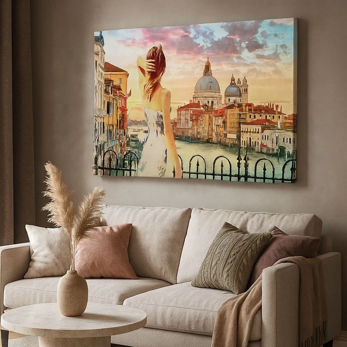 Tablou pe pânză Canvas - O femeie admiră peisajul pitoresc de lângă canal - 70x50cm - Când vine vorba de aventură, doar în... - Decorațiune modernă pentru perete pentru living și dormitor ARTTOR