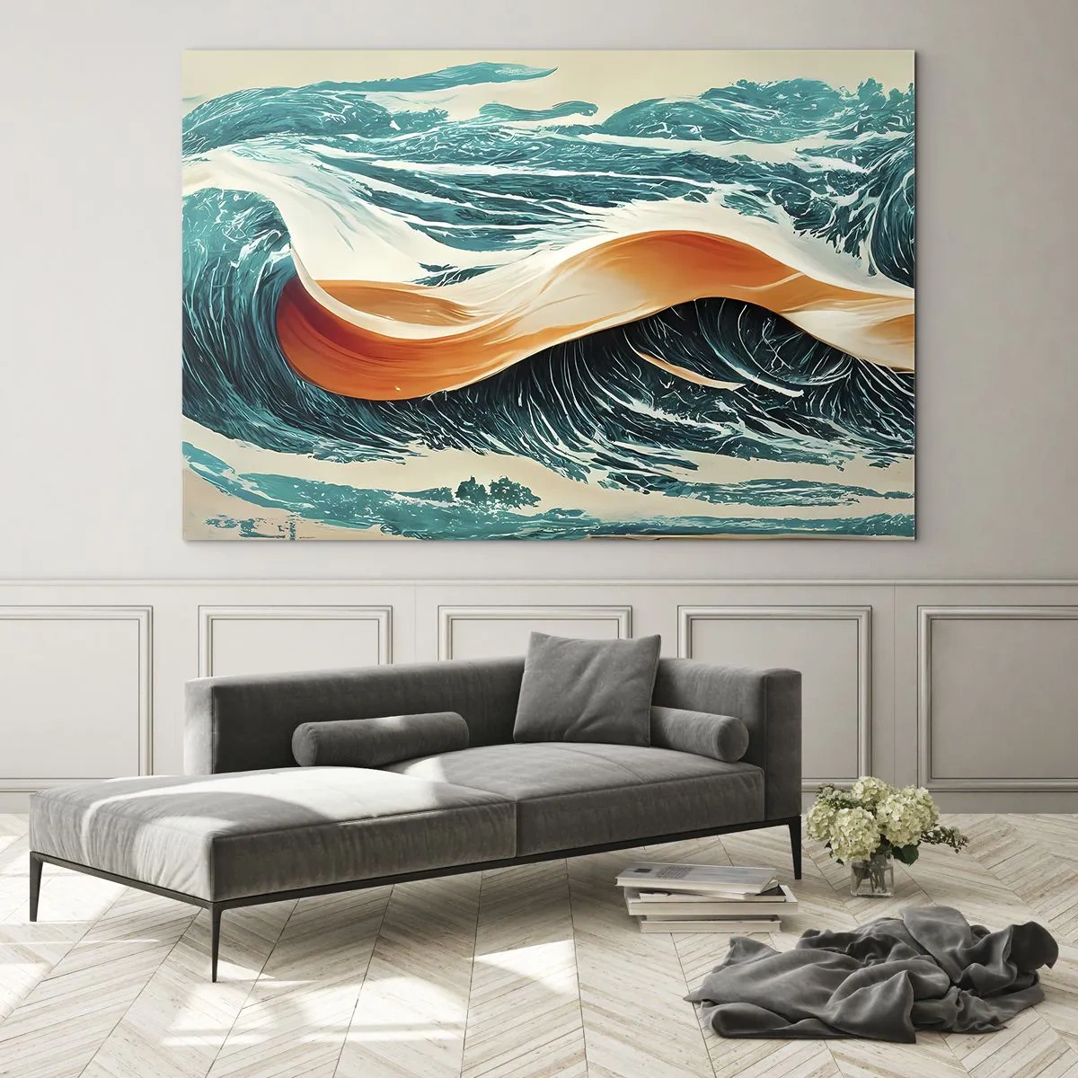 Tablou pe sticlă - Valuri turcoaz cu o panglică portocalie într-un stil suprarealist - 70x50cm - Visul unui surfer - Decorațiune modernă pentru perete pentru living și dormitor ARTTOR