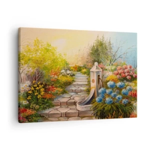 Tablou pe pânză Canvas - O grădină pitorească cu o fântână și flori colorate - 70x50cm - În plină înflorire - Decorațiune modernă pentru perete pentru living și dormitor ARTTOR