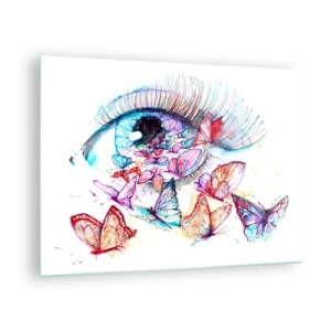 Tablou pe sticlă - Ochiul unei femei înconjurat de fluturi colorați în acuarelă - 70x50cm - Ochi de basm - Decorațiune modernă pentru perete pentru living și dormitor ARTTOR