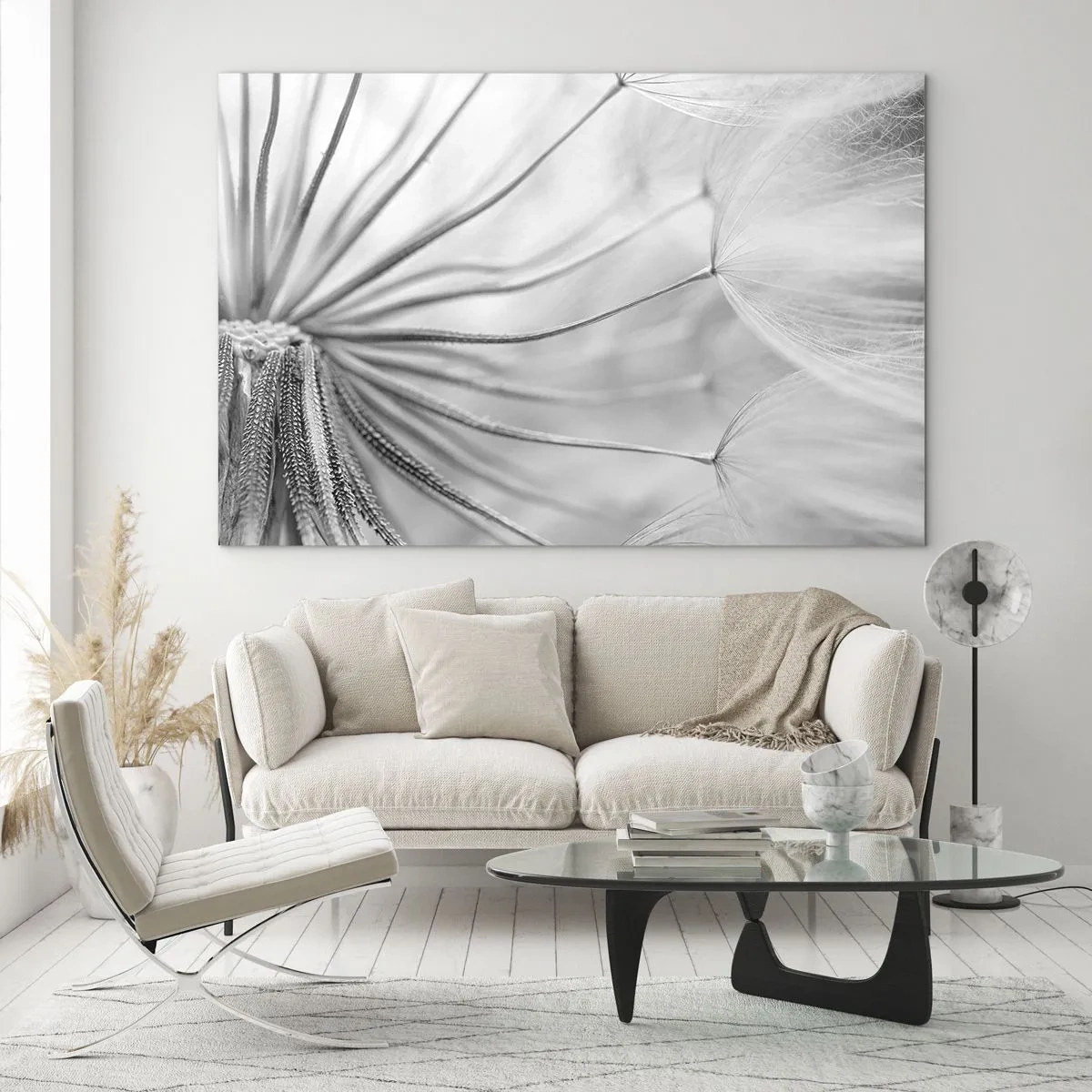 Tablou pe sticlă - Fotografie macro a unei păpădii în nuanțe de alb-negru - 70x50cm - Suflarea zmeilor - Decorațiune modernă pentru perete pentru living și dormitor ARTTOR