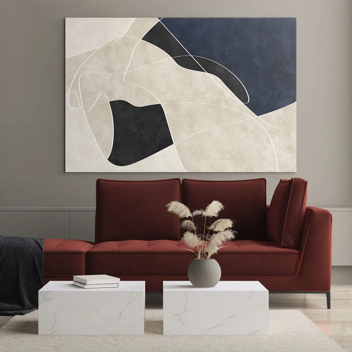 Tablou pe sticlă - Abstracție modernă cu forme și linii contrastante - 70x50cm - Compoziție abstractă - contrast de culori - Decorațiune modernă pentru perete pentru living și dormitor ARTTOR