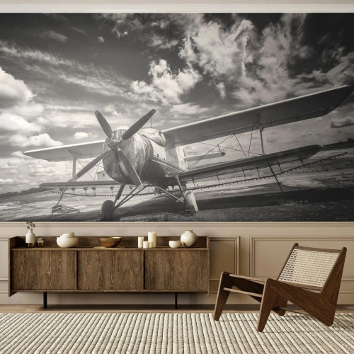 Tapet Standard Eco - Abia aștept! - Avion, Avioane, alb-negru - 400x280 cm